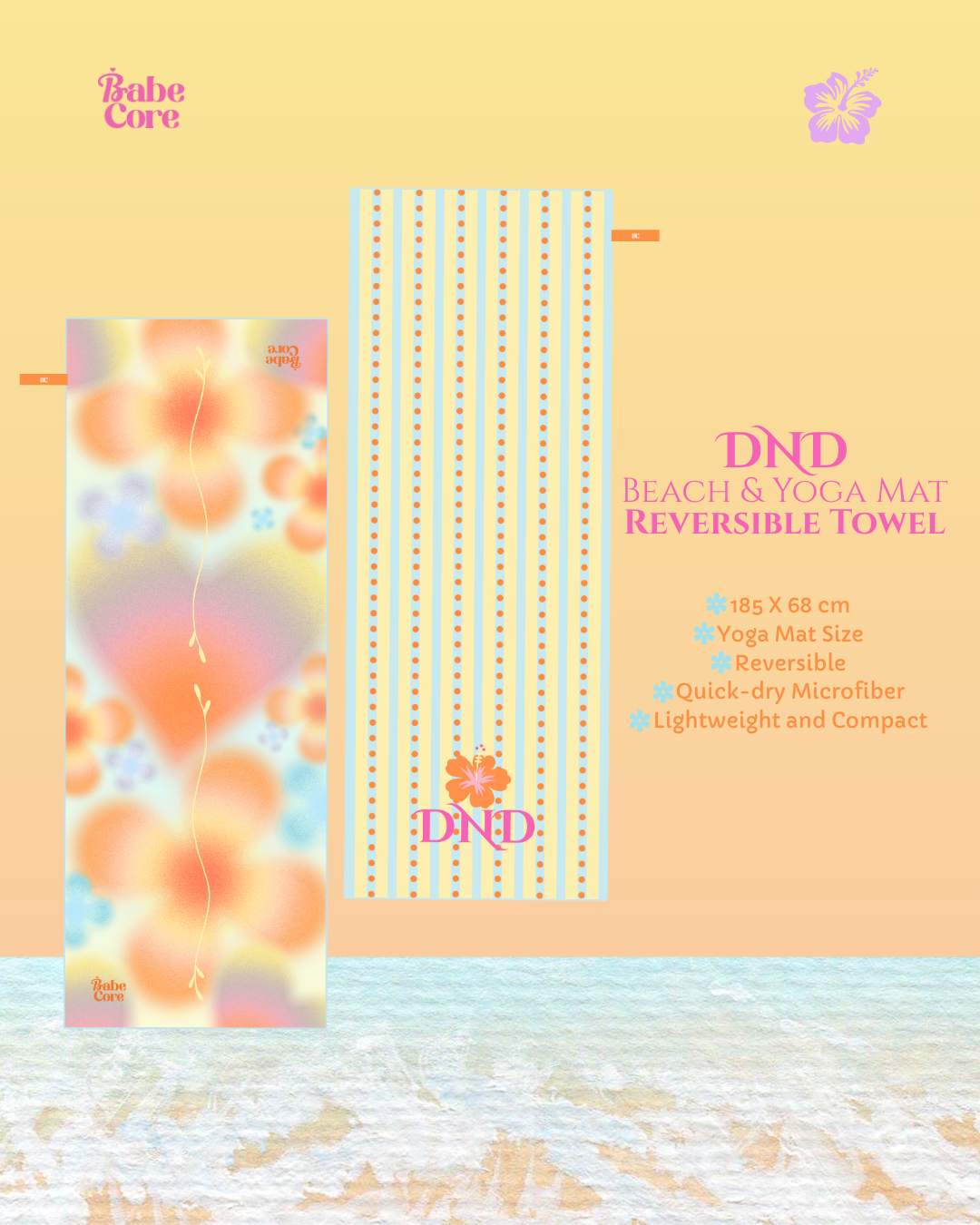 DND Yoga Mat and Beach Reversible Microfiber Towel - Light and Compact, Quickdry, Yoga mat size